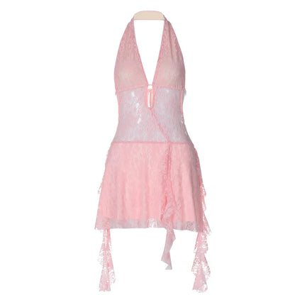 New sexy swimsuit hollowed out deep V-neck backless short splicing Lace-up halter lace dress
