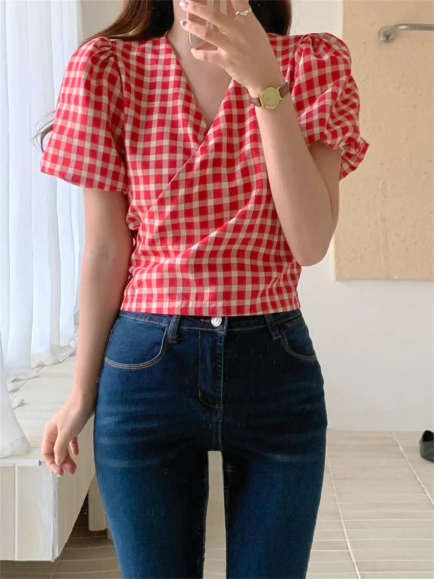 High Sweet Shirts Plaid Women Sweet V-Neck Slim New Casual Summer Short Puff Sleeve Office Lady Chic Daily