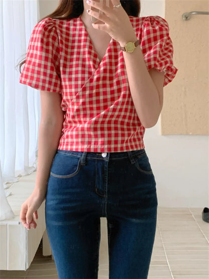 High Sweet Shirts Plaid Women Sweet V-Neck Slim New Casual Summer Short Puff Sleeve Office Lady Chic Daily