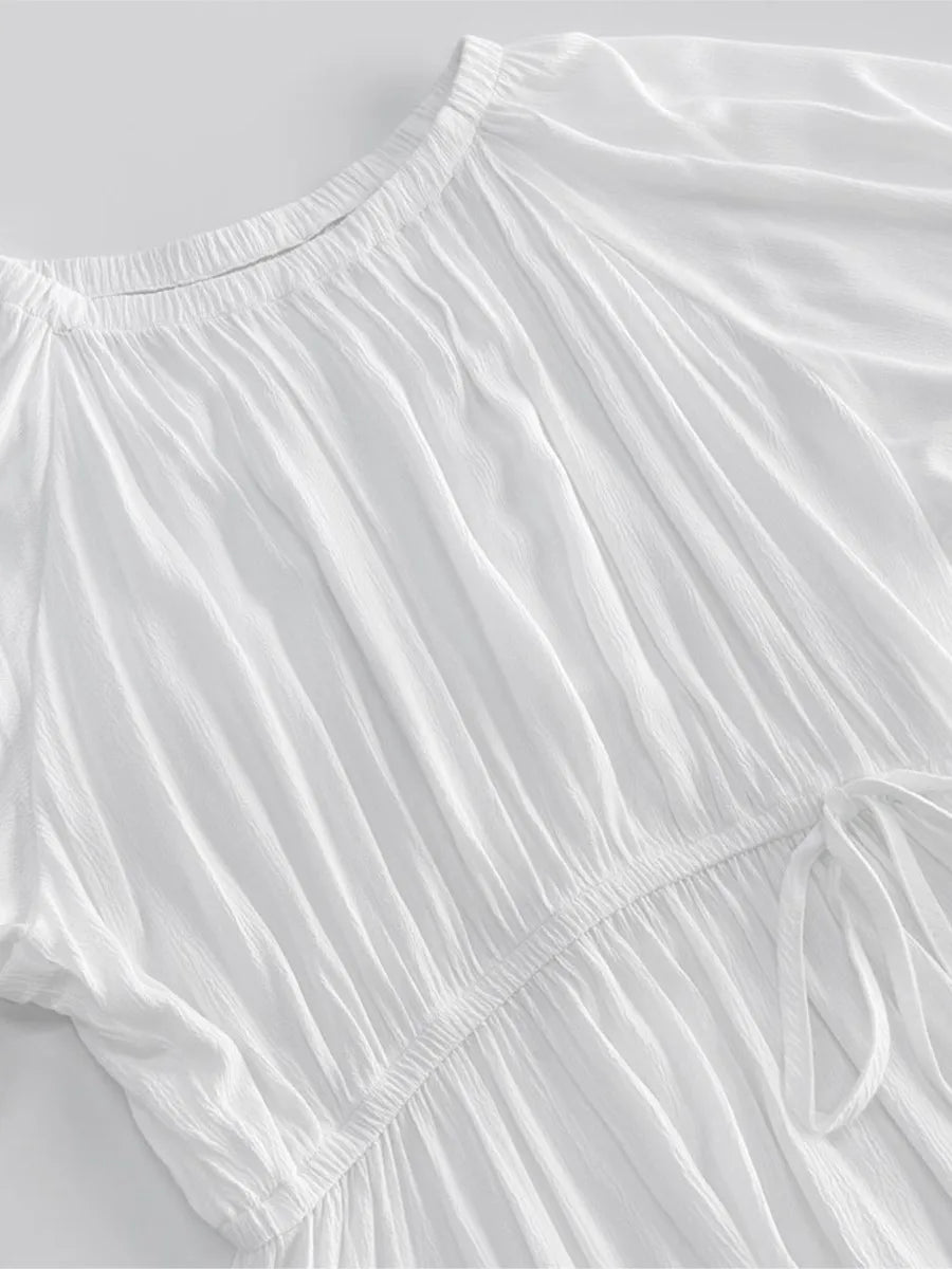 White Textured Mini Dresses Women New Scoop Neck Long Sleeve Lace-up A-line Vestidos Summer Beach Holiday Casual Cover-up