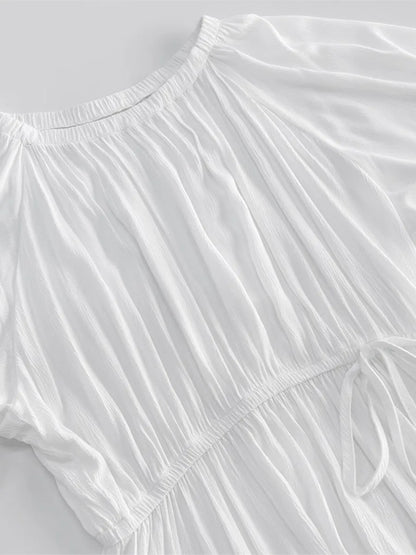 White Textured Mini Dresses Women New Scoop Neck Long Sleeve Lace-up A-line Vestidos Summer Beach Holiday Casual Cover-up