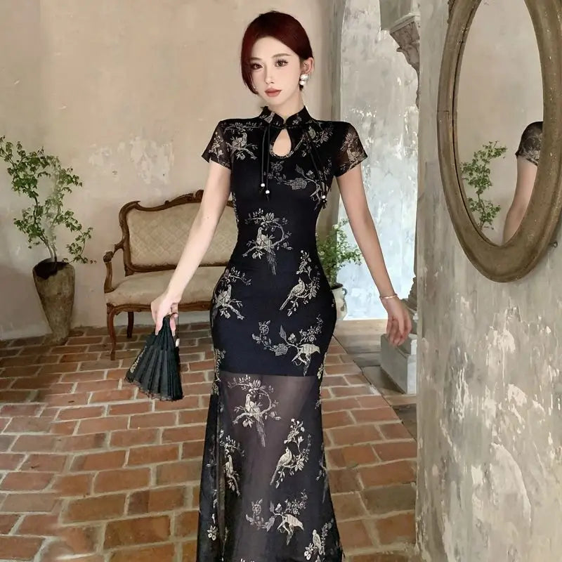 Vintage Chinese National Style Slimming Modified Cheongsam Dress Women's New Summer Chic Y2K Slim Elegant Split Long Dress