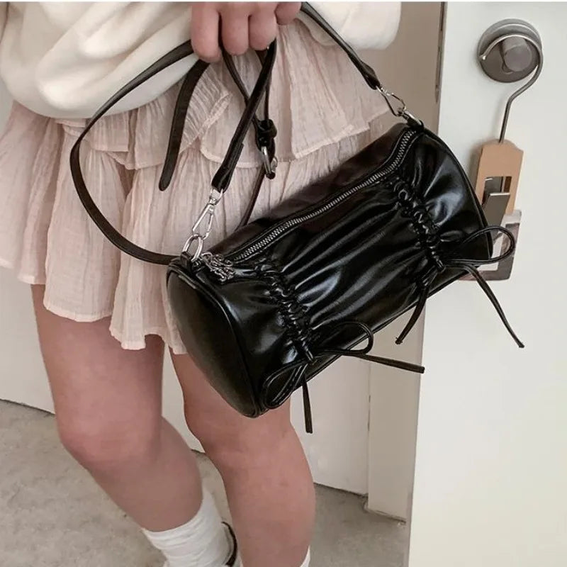 Pleated Pink Women Shoulder Bag Bow Pillow Leather Sweet Elegant Fashion Handbag Gentle Casual Exquisite Ladies Armpit Bag