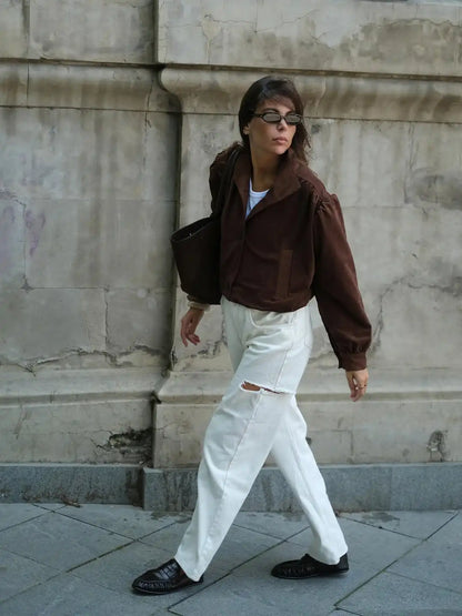 Retro Brown Suede Short Jacket Elegant Women Stand Collar Full Sleeves Single Breasteds Loose Coats Autumn Chic Lady Street Wear