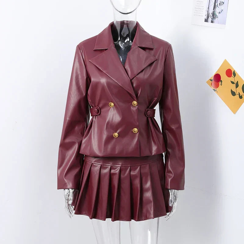 Double Breasted Faux Leather Blazer Pleated Mini Skirt Set