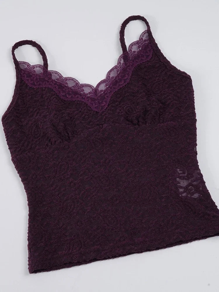 Women Summer New V Neck Cami Top Fashion Hollow Lace Sleeveless Tank Top Basic Layering Camisole for Club Street Party