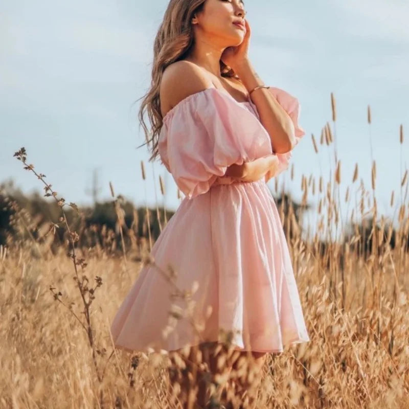 Elegant Sexy Square Collar Mini Dress Women Vintage Puff Short Sleeve Elastic Waist Summer Dresses Female Boho Vestidos