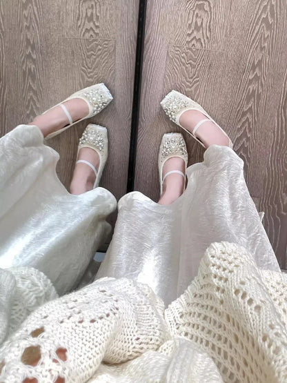 String Bead Chunky Heel Mary Jane Shoes Women Square Toe Elasticized Design Ballet Shoes Elegant Wedding Bridal Designer Pumps