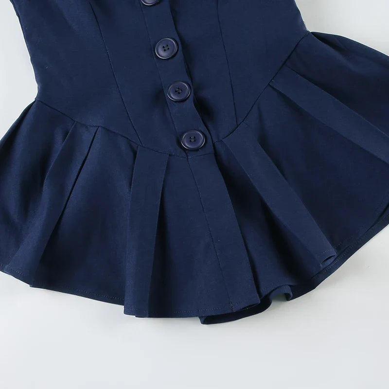 Sailor Collar Single-breasted A-Line Top Preppy Style Women's Pleated Sleeveless Tops Barbiecore Sleeveless T-shirt Y2K