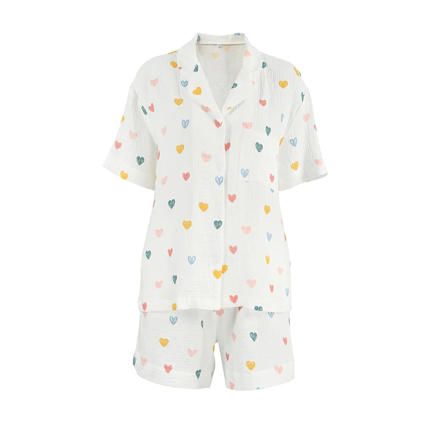 Heart Print Lapel Short Sleeve Top + Shorts Pajamas Loose 100% Cotton Comfortable Women Sets Casual Homewear Sleepwear Outfits