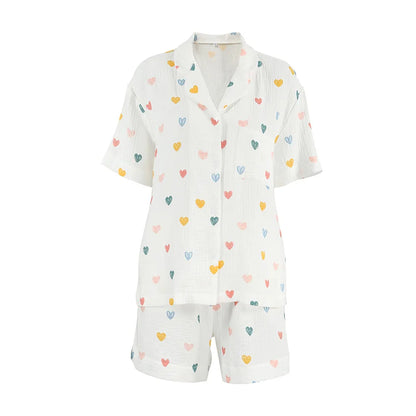 Heart Print Lapel Short Sleeve Top + Shorts Pajamas Loose 100% Cotton Comfortable Women Sets Casual Homewear Sleepwear Outfits