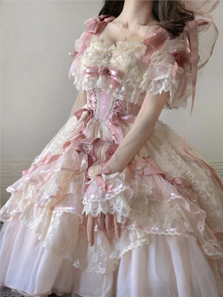 A wedding dress with shorter front and longer back for student's birthday coming-of-age ceremony