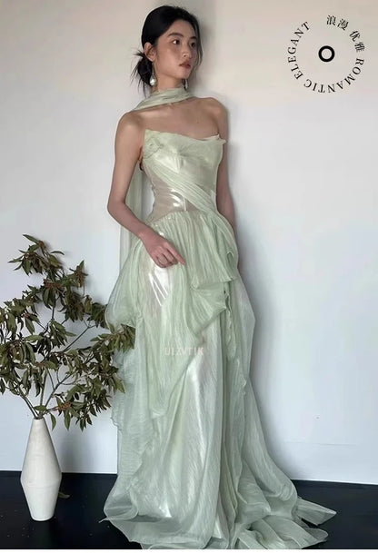 Mint Party Evening Dress Women Strapless Mermaid Pleat Formal Occasion Dress Elegant Shiny Backless Prom Gown Customized