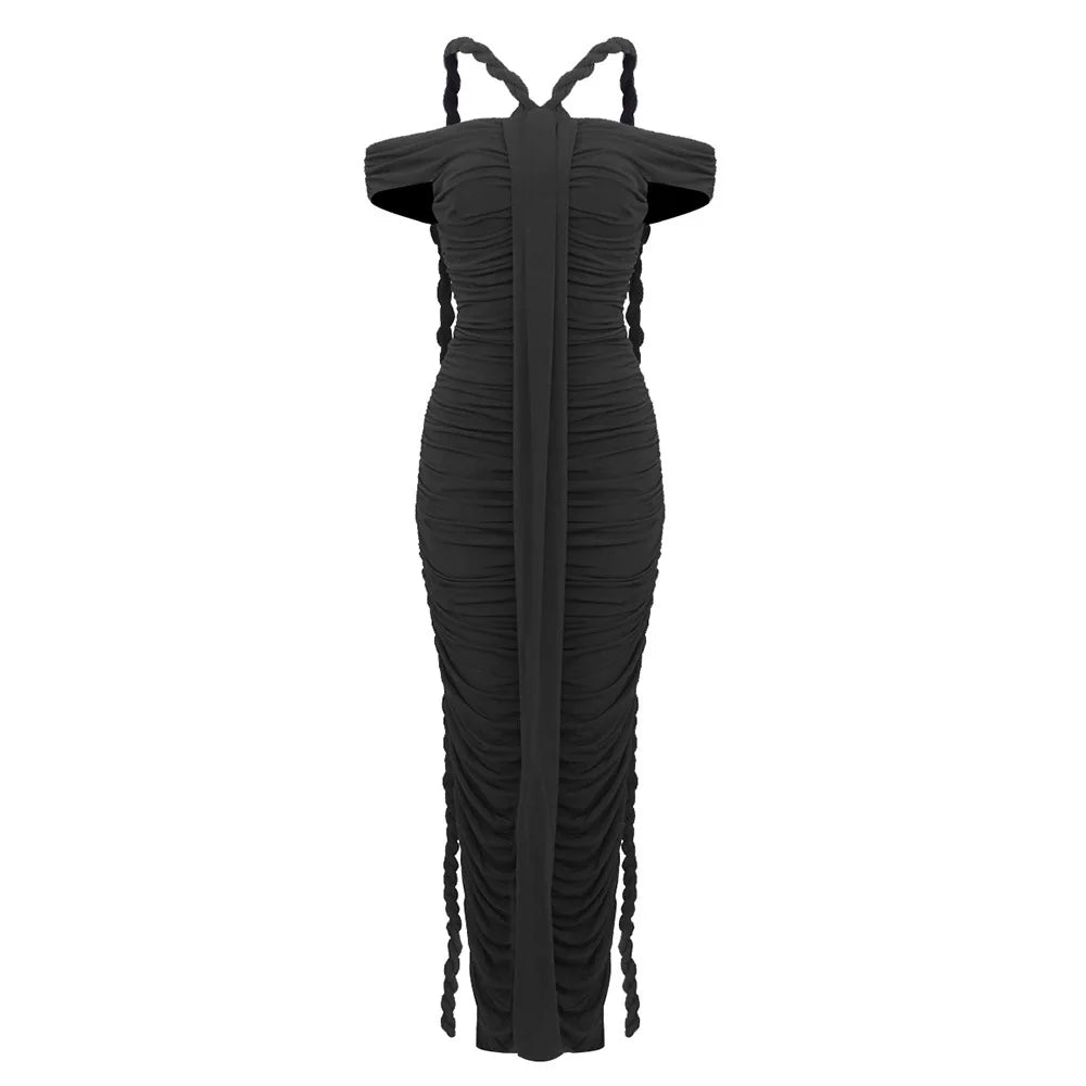 Off Shoulder Braided Halter Ruched Center Panel Maxi Gown