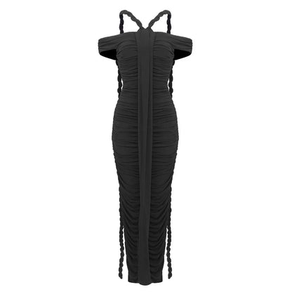 Off Shoulder Braided Halter Ruched Center Panel Maxi Gown