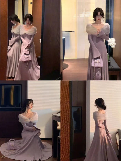 Winter French Vintaeg Elegant Knit Dress Woman Sexy Lace Design Warm Evening Party Dress Feamale Princess Korean Popular Clothes