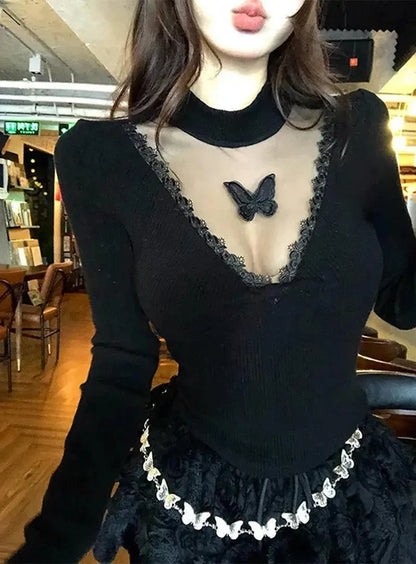 Y2K Cropped Black Sweater Women Harajuku Embroidery White Knitted Pullovers Gyaru Grunge Mesh Lace Knitwears Winter Chic Jumpers