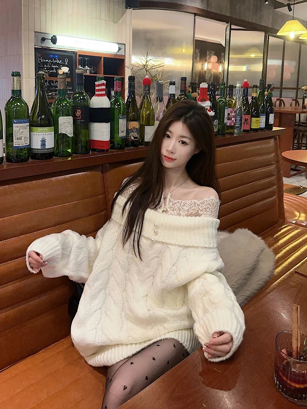 Lazy Style Women Slash Neck Fashion Sweater French Lace Patchwork Loose Cloak Off Shoulder Knitted Top Oversize Loose Pullover
