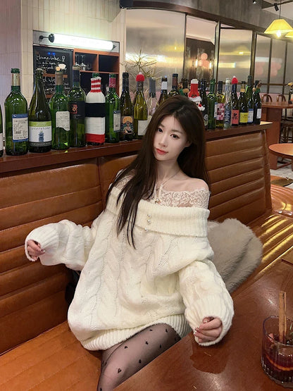 Lazy Style Women Slash Neck Fashion Sweater French Lace Patchwork Loose Cloak Off Shoulder Knitted Top Oversize Loose Pullover