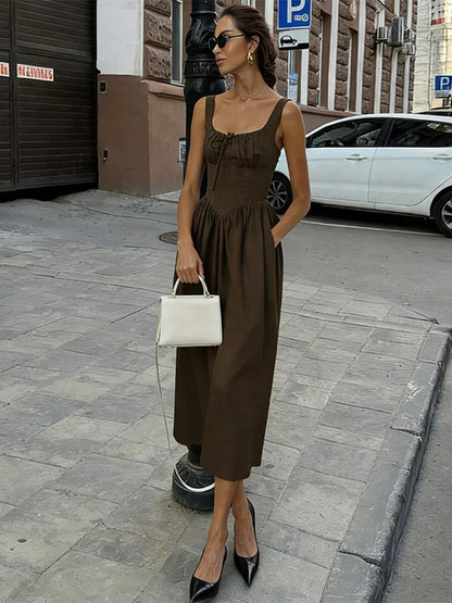 Retro Sleeveless Midi Dress Women Summer High Waist Lace Up Ruffle Long Dresses Holiday Beach Party Backless Dress Femme