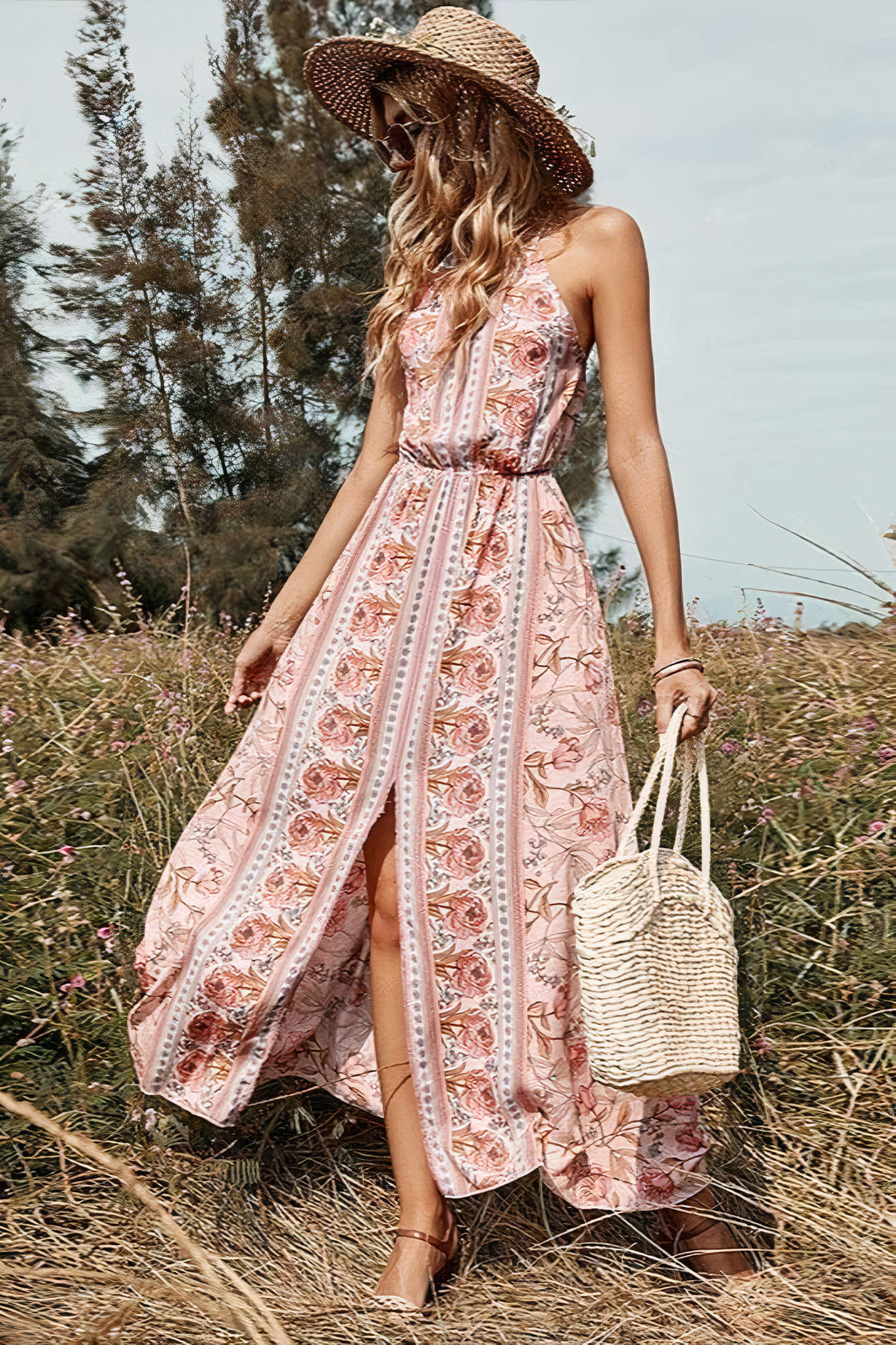 Halter Neck Elastic Waist Front Slit Bohemian Floral Print Maxi Dress