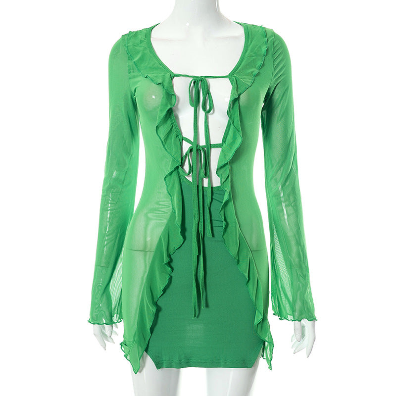 Sheer Mesh Long Sleeve Tie Front Ruffled Overlay Mini Dress Set