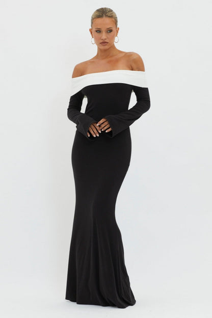 Off Shoulder Contrast Band Long Sleeve Knit Maxi Dress