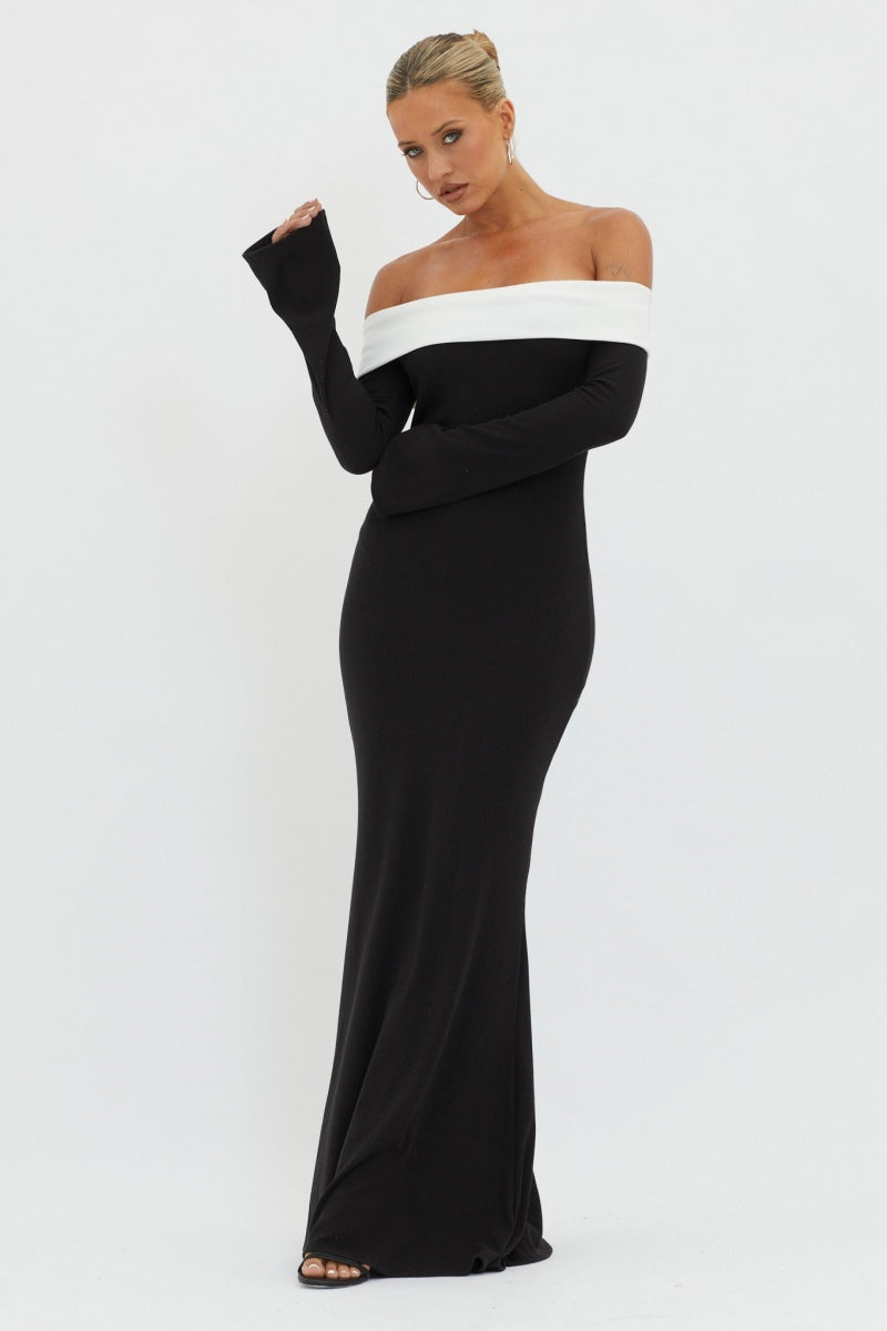 Off Shoulder Contrast Band Long Sleeve Knit Maxi Dress