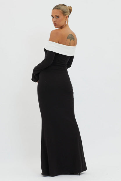 Off Shoulder Contrast Band Long Sleeve Knit Maxi Dress