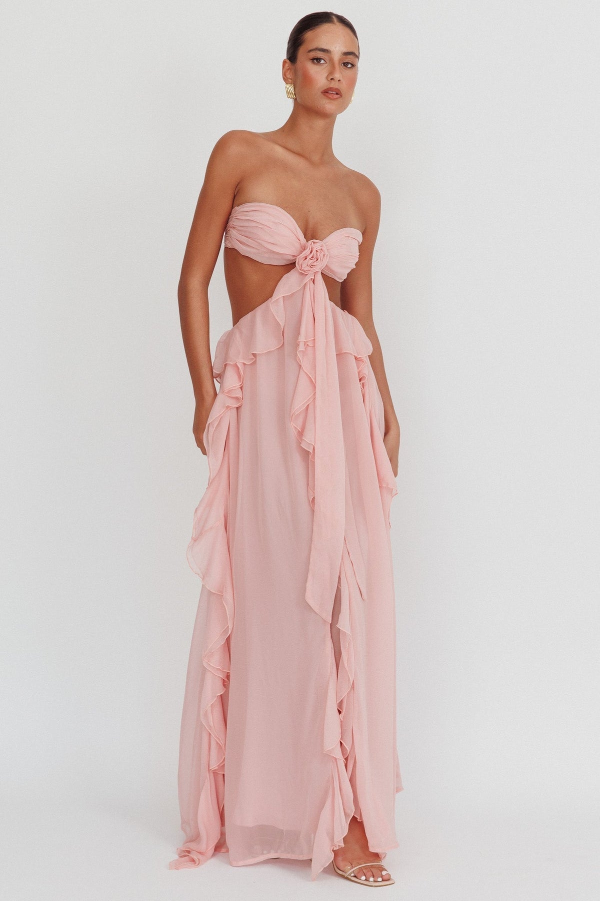 Strapless Rosette Cutout Tiered Ruffle Maxi Dress