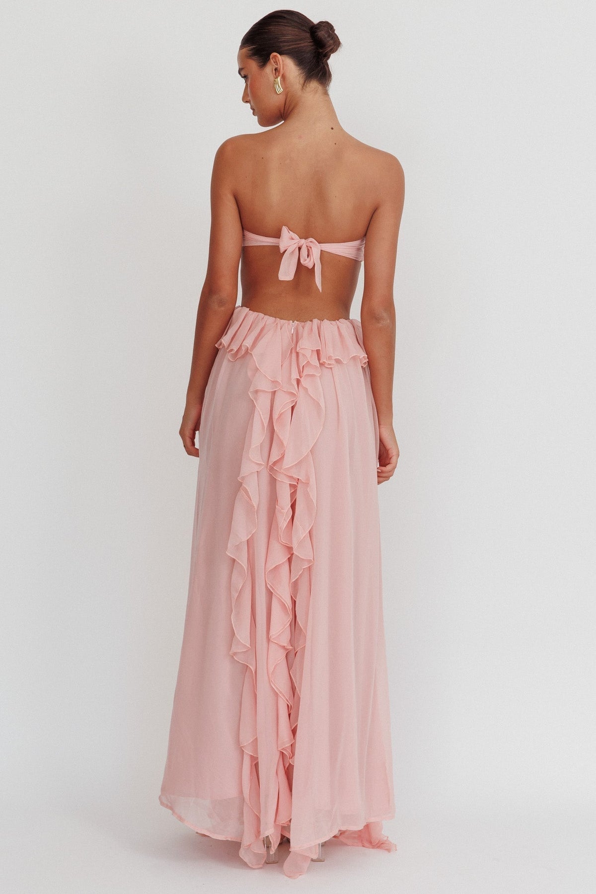 Strapless Rosette Cutout Tiered Ruffle Maxi Dress