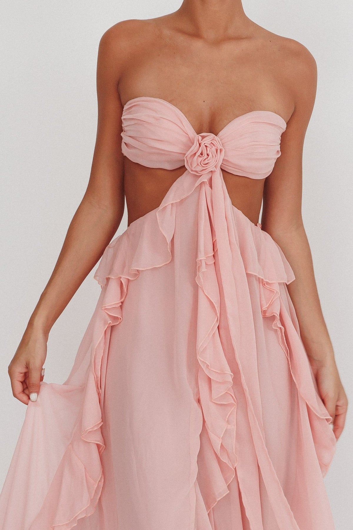 Strapless Rosette Cutout Tiered Ruffle Maxi Dress