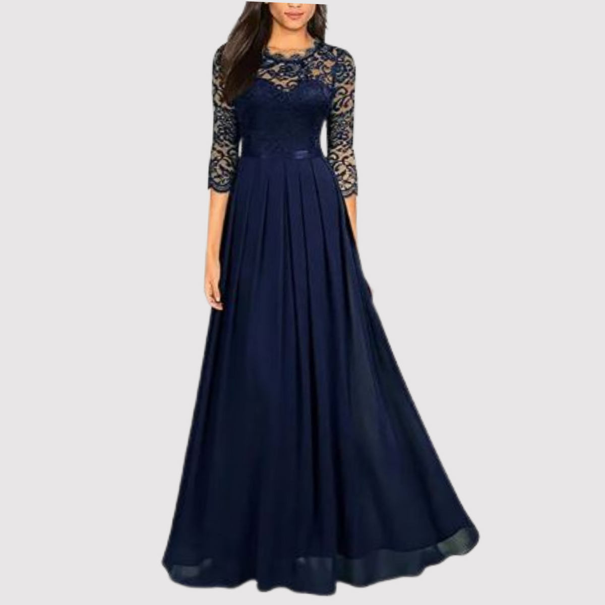 Lace Bodice Chiffon Pleated Skirt Three Quarter Sleeve Maxi Dress