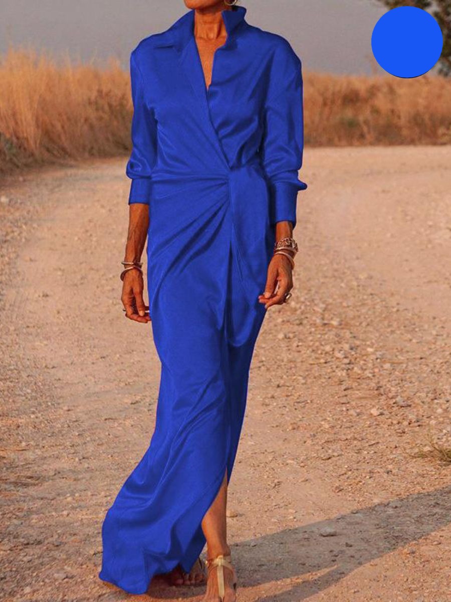 Lapel Collar Twist-Front Wrap Long Sleeve High Slit Maxi Dress