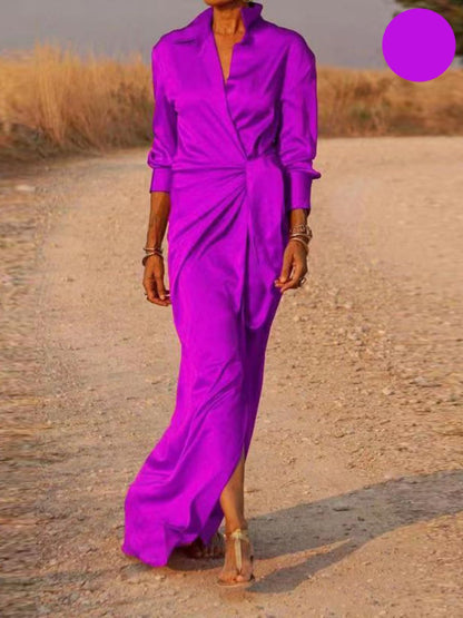 Lapel Collar Twist-Front Wrap Long Sleeve High Slit Maxi Dress