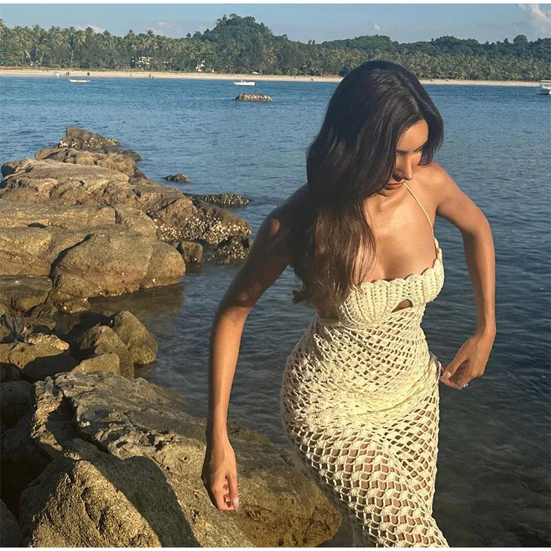 Sexy Crochet Hallow Out Long Dress Women Holiday Halter Lace Up Solid Slim Dresses Summer High Waist Bodycon Beach Robe