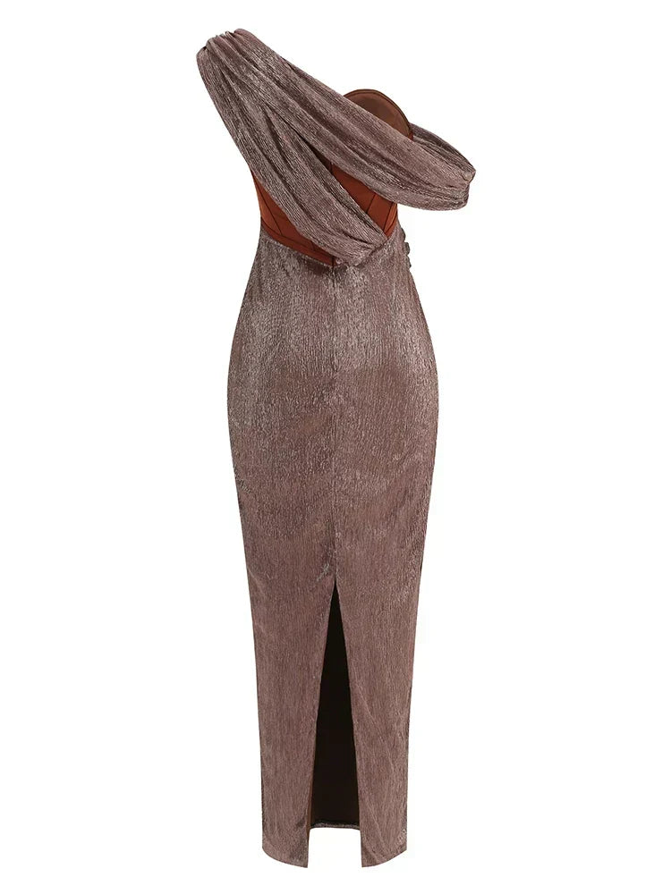 One Shoulder Draped Glitter Corset Maxi Gown