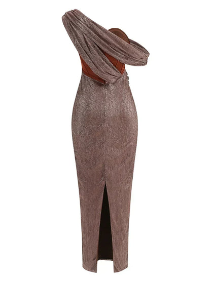 One Shoulder Draped Glitter Corset Maxi Gown