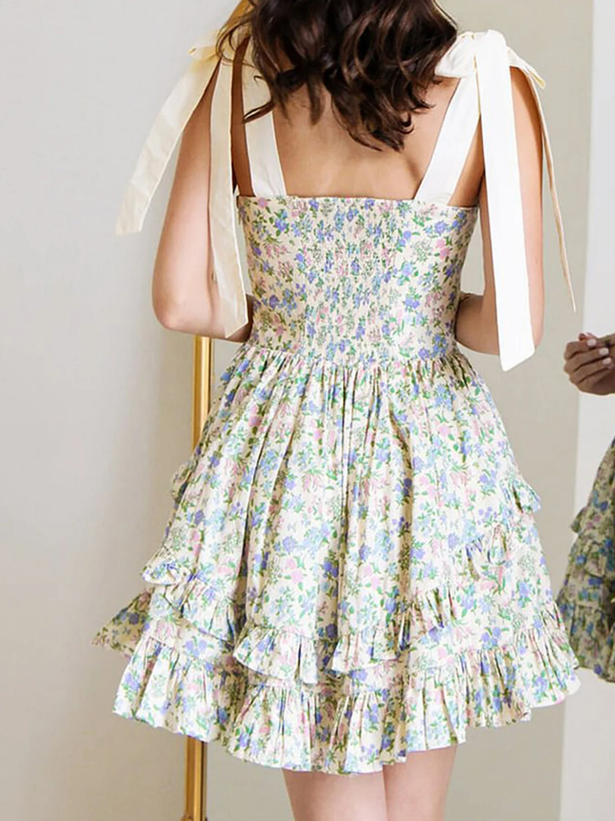 Elegant Sleeveless Floral Print Mini Dress with Bow Tie Shoulder Detail and Flirty Ruffle Hem - A Line Swing Dress for Women