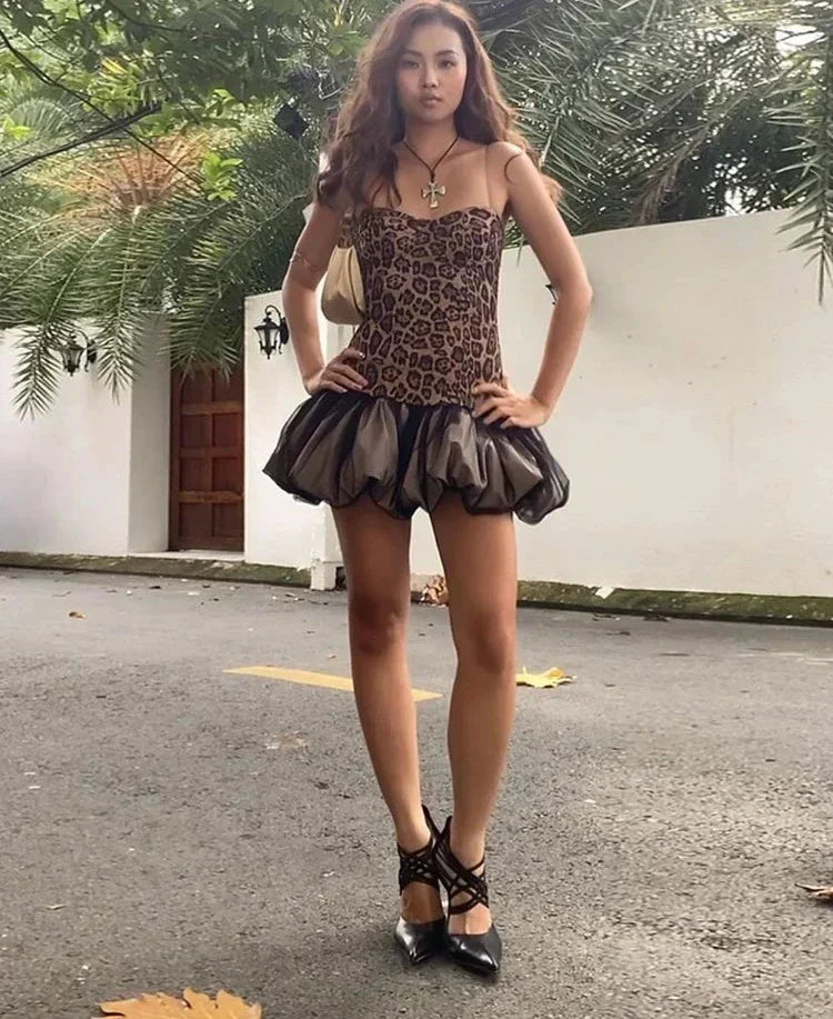 Print Corset Top Tulle Bubble Skirt Mini Dress