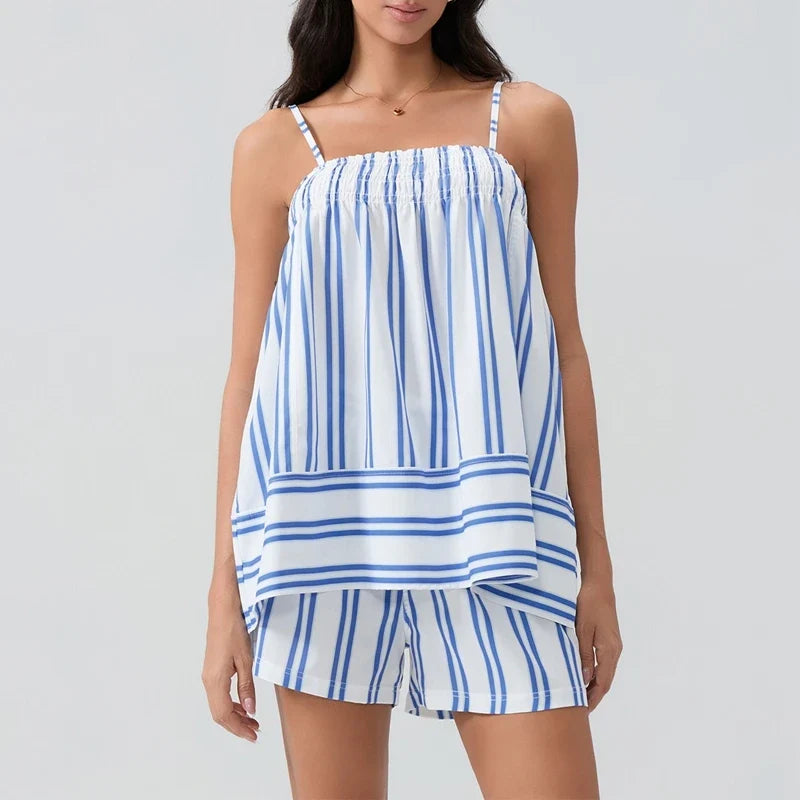 Women 2 Piece Lounge Set Sleeveless Striped Cami Peplum Top Boxer Shorts Loose Fit Ruffles Matching Pj Sets Outfits