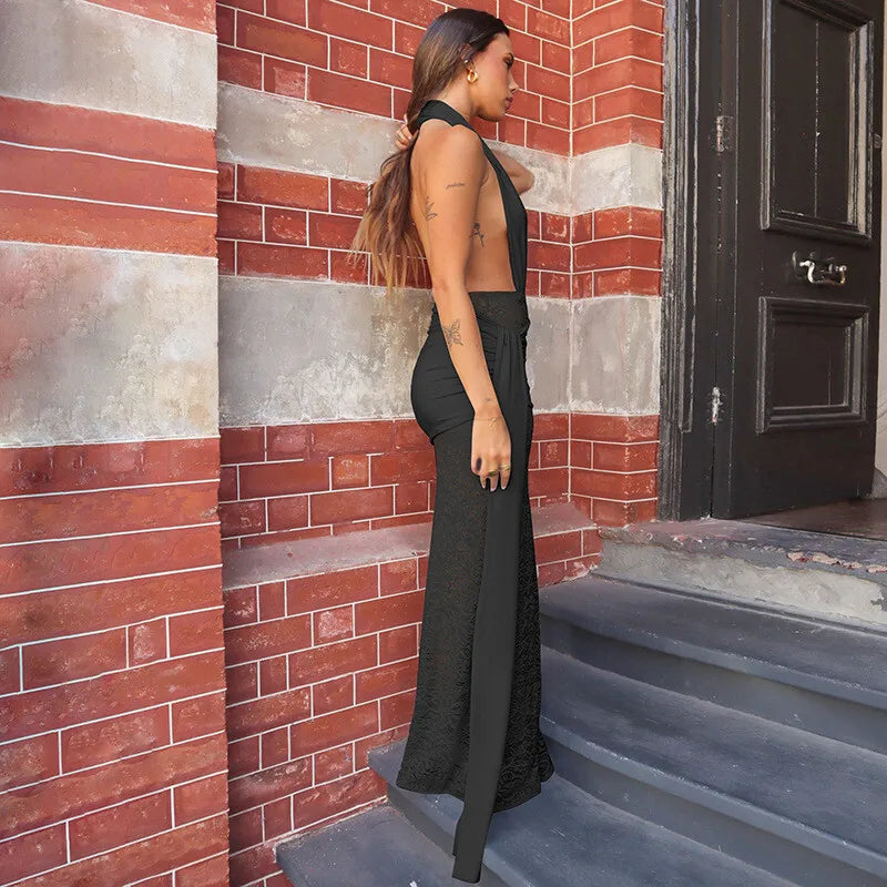 Halter Plunge V-Neck Ruched Sash Lace Skirt Maxi Gown
