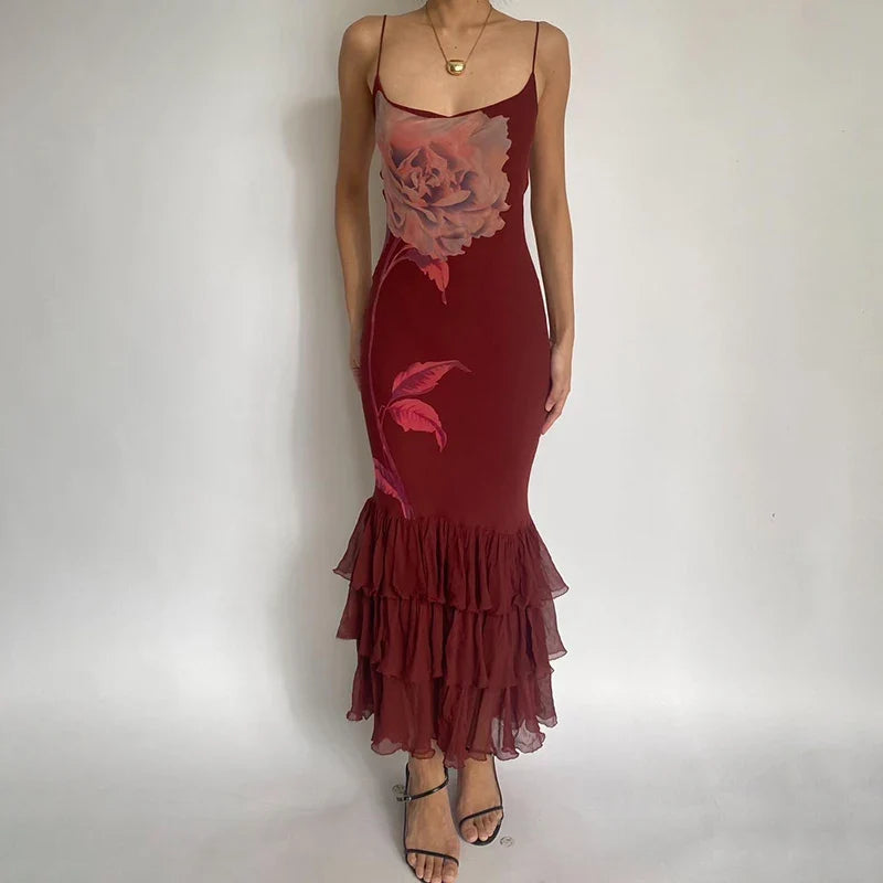 Women's Asymmetric Tulle Layered Mermaid Dress Spaghetti Straps Floral Print Bodycon Sexy Backless Elegant Long Dress