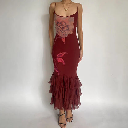 Women's Asymmetric Tulle Layered Mermaid Dress Spaghetti Straps Floral Print Bodycon Sexy Backless Elegant Long Dress