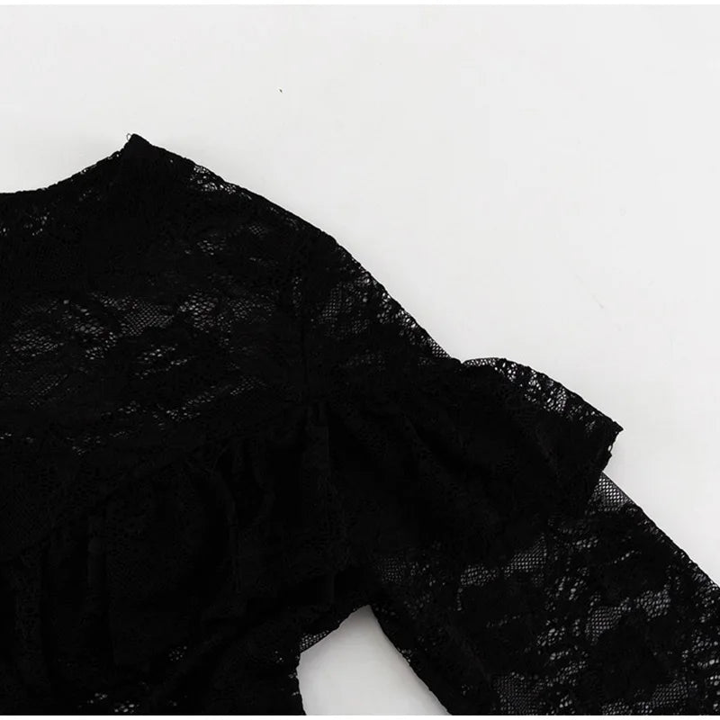Sexy Lace Hollow Out A-lined Long Dresses Women Vintage Loose Perspective O-neck Black Dress Female Chic Elegant Party Street
