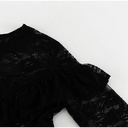 Sexy Lace Hollow Out A-lined Long Dresses Women Vintage Loose Perspective O-neck Black Dress Female Chic Elegant Party Street
