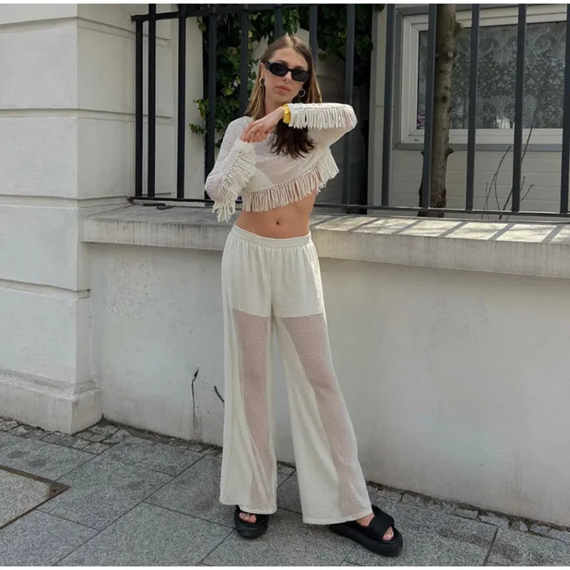 Mesh See Through Tassels Crop Top Pants Sets Women Long Sleeve O-neck Pullover Straight Trousers Suits 2025 Summer Holiday Set
