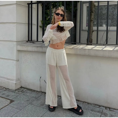 Mesh See Through Tassels Crop Top Pants Sets Women Long Sleeve O-neck Pullover Straight Trousers Suits 2025 Summer Holiday Set