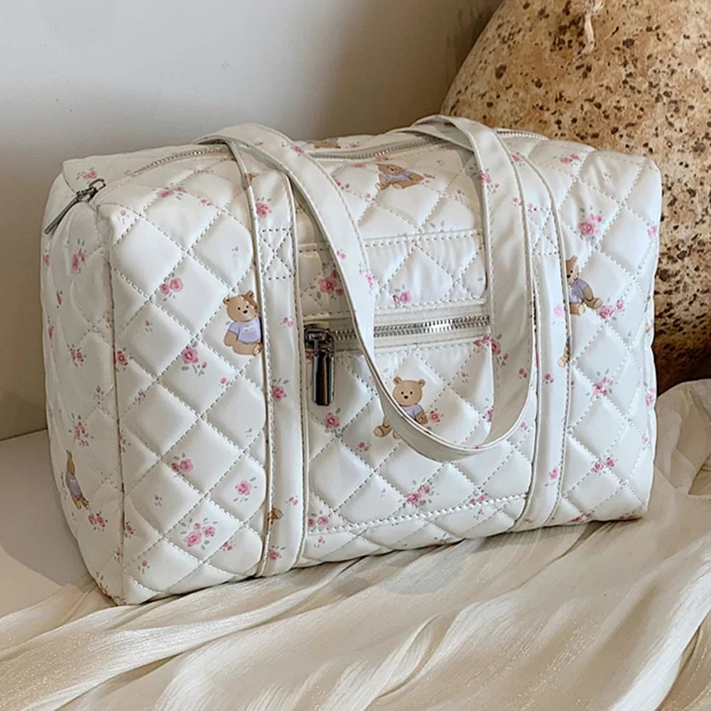 Women Floral Bear Shoulder Bag Large Capacity Cartoon Nursing Bag Adjustable Strap Quilted Maternity Bag Ladies Travel Handbag