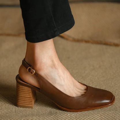 Womens' Sandals Retro French Style Shoes For Spring Thick Square Heel Closed Toe Pumps Summer Sandals Real Leather Slingbacks